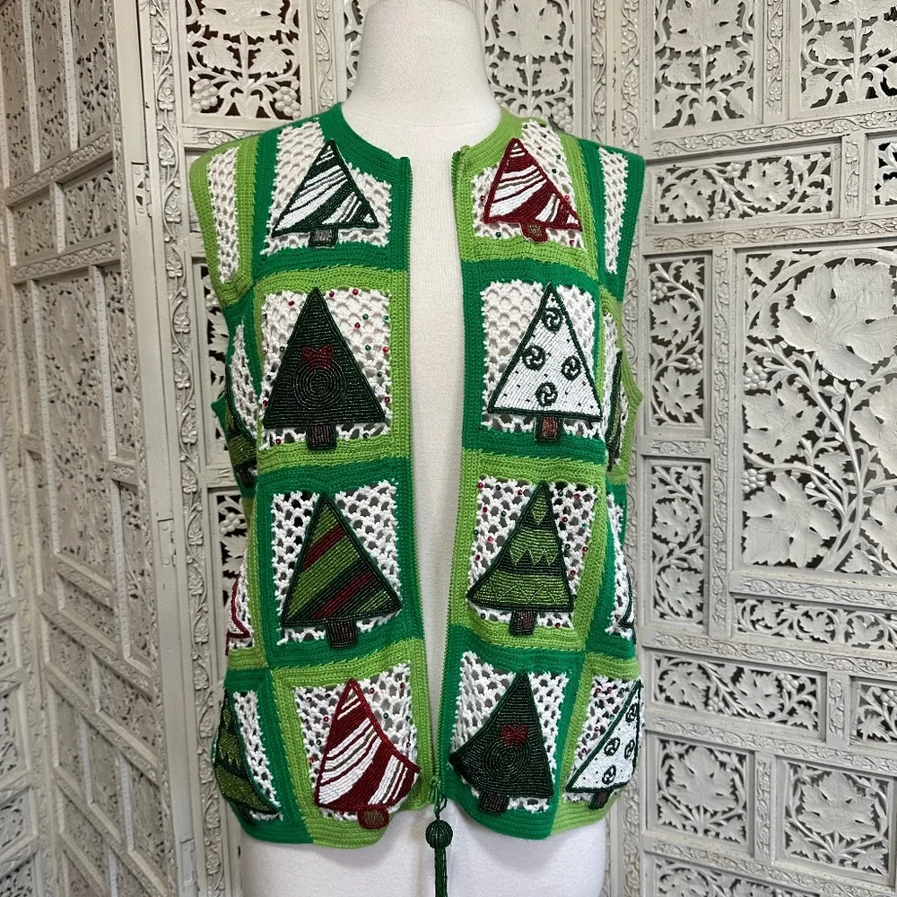 Vintage rare beaded Christmas holiday crochet zip up vest size medium‎